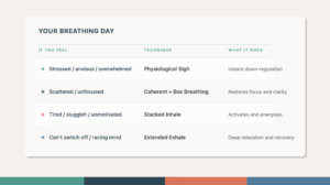 Four breathing practices for common nervous system states — physiological sigh, coherent and box breathing, stacked inhale, and extended exhale