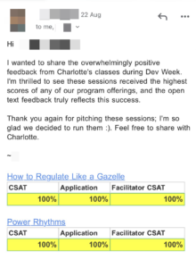 Screenshot of an email with two feedback tables for Google DevWeek workshops 'The Stress Reset' and 'Power Rhythms,' each showing 100% CSAT, 100% Application, and 100% Facilitator CSAT