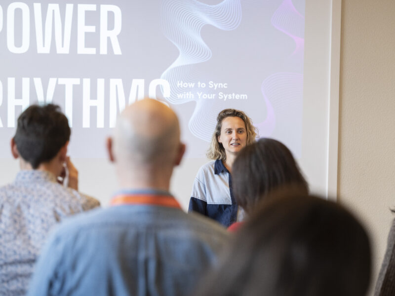 Breathwork coach Charlotte Grysolle delivering a resilience workshop Power Rhythms