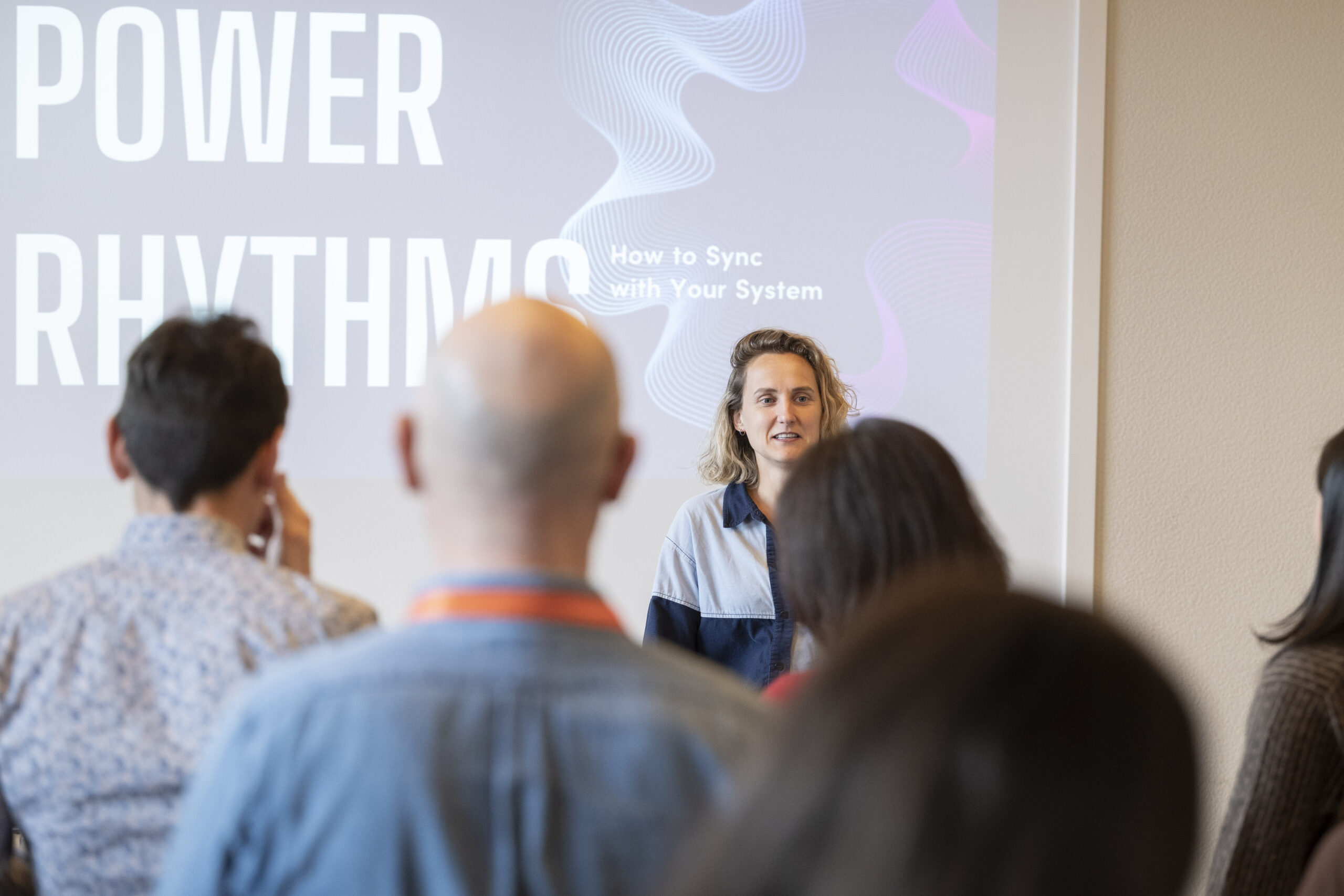 Breathwork coach Charlotte Grysolle delivering a resilience workshop Power Rhythms